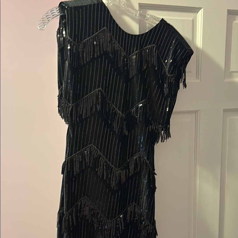 Zara Black Sequin Tiered One Shoulder Dress xs NYT